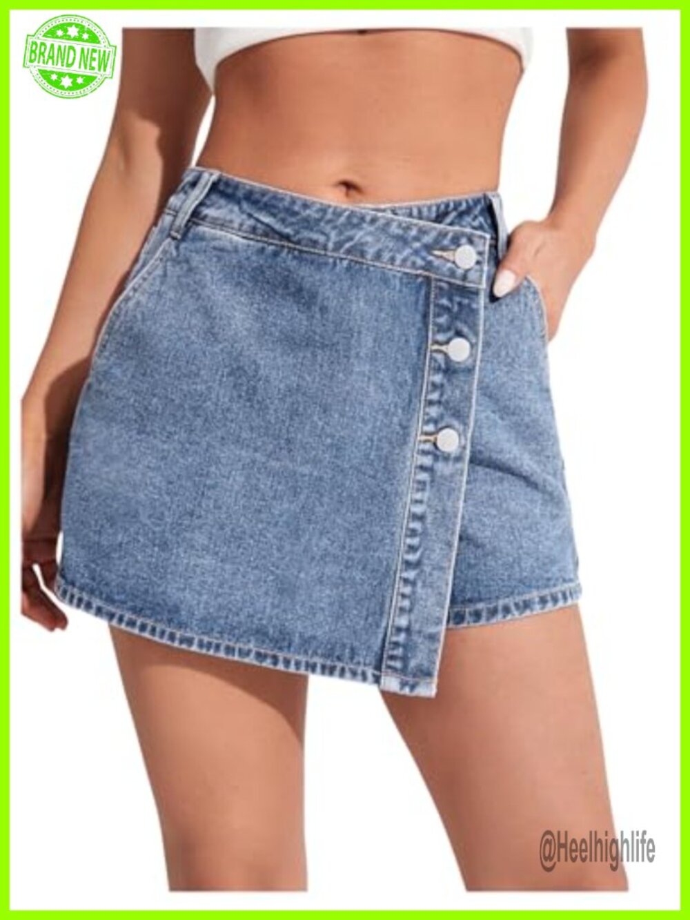 High Waisted Button Front Asymmetrical Hem Denim Skort